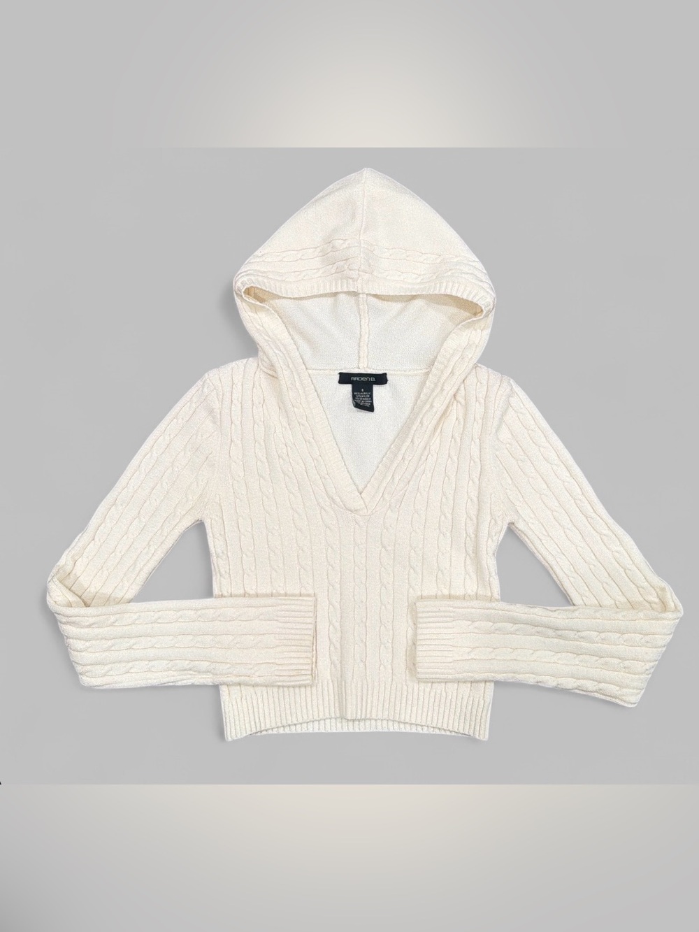 Arden B White Cable-Knit Cropped V-Neck Hooded Sweater